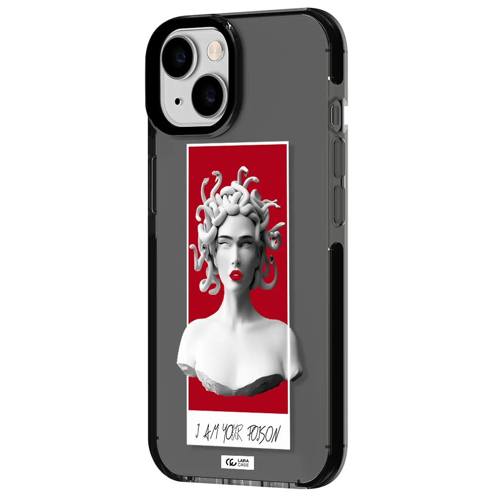 a statue of a woman with snakes on her head Apple iPhone 14 impact Smoke Black Case