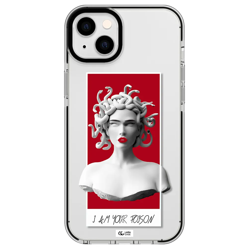 a statue of a woman with snakes on her head Apple iPhone 14 plus impact black border Case