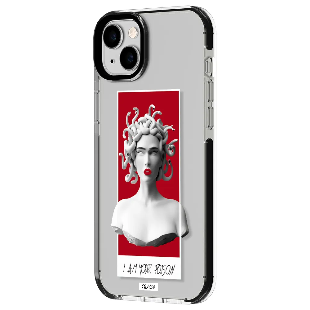 a statue of a woman with snakes on her head Apple iPhone 14 plus impact black border Case