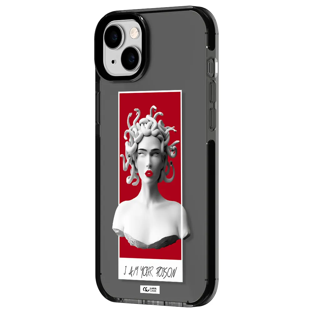 a statue of a woman with snakes on her head Apple iPhone 14 plus impact Smoke Black Case