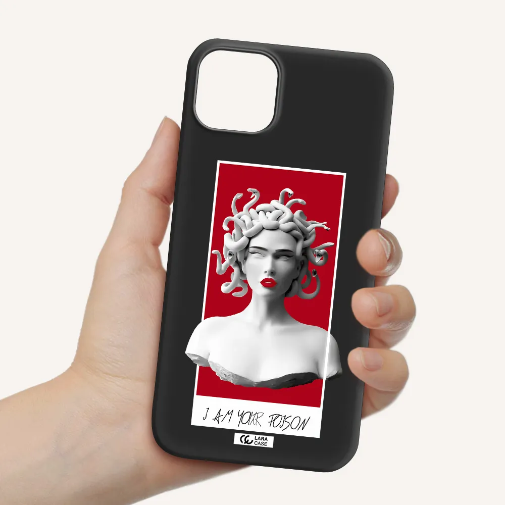 a statue of a woman with snakes on her head Apple iPhone 14 plus Silicone black Case