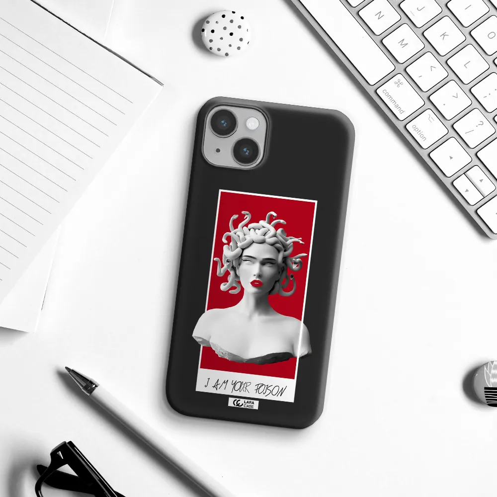 a statue of a woman with snakes on her head Apple iPhone 14 plus Silicone black Case