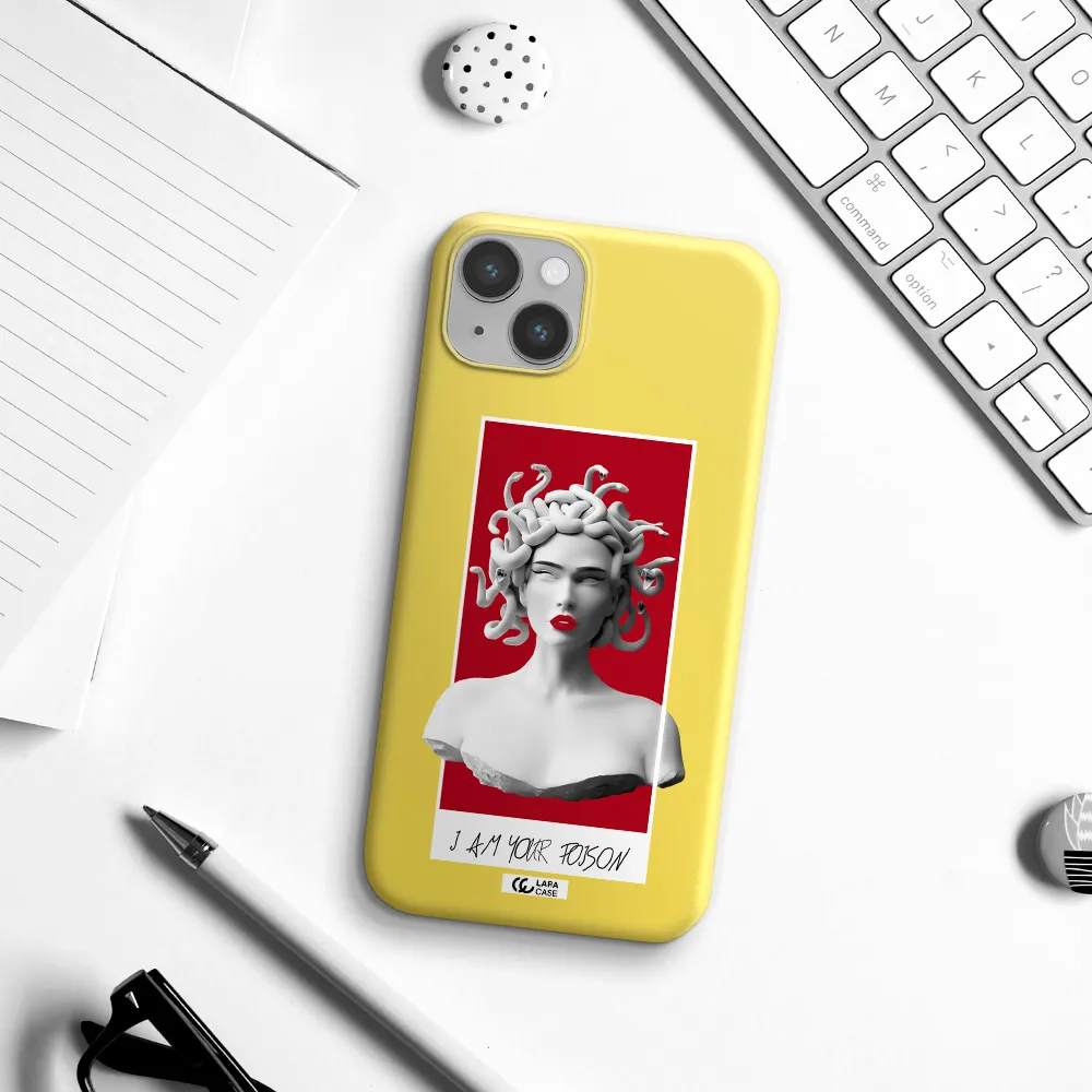 a statue of a woman with snakes on her head Apple iPhone 14 plus Silicone canary yellow Case