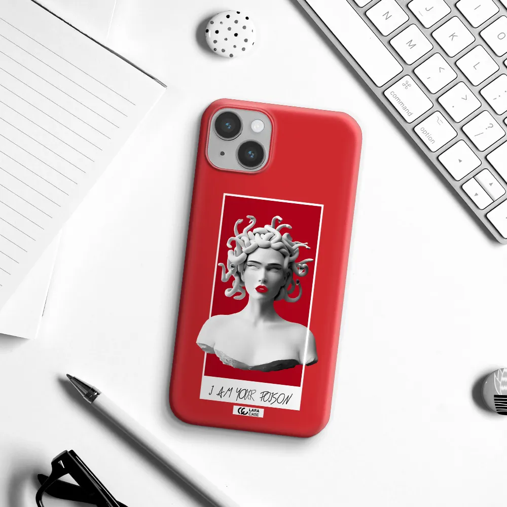 a statue of a woman with snakes on her head Apple iPhone 14 plus Silicone Imperial Red Case