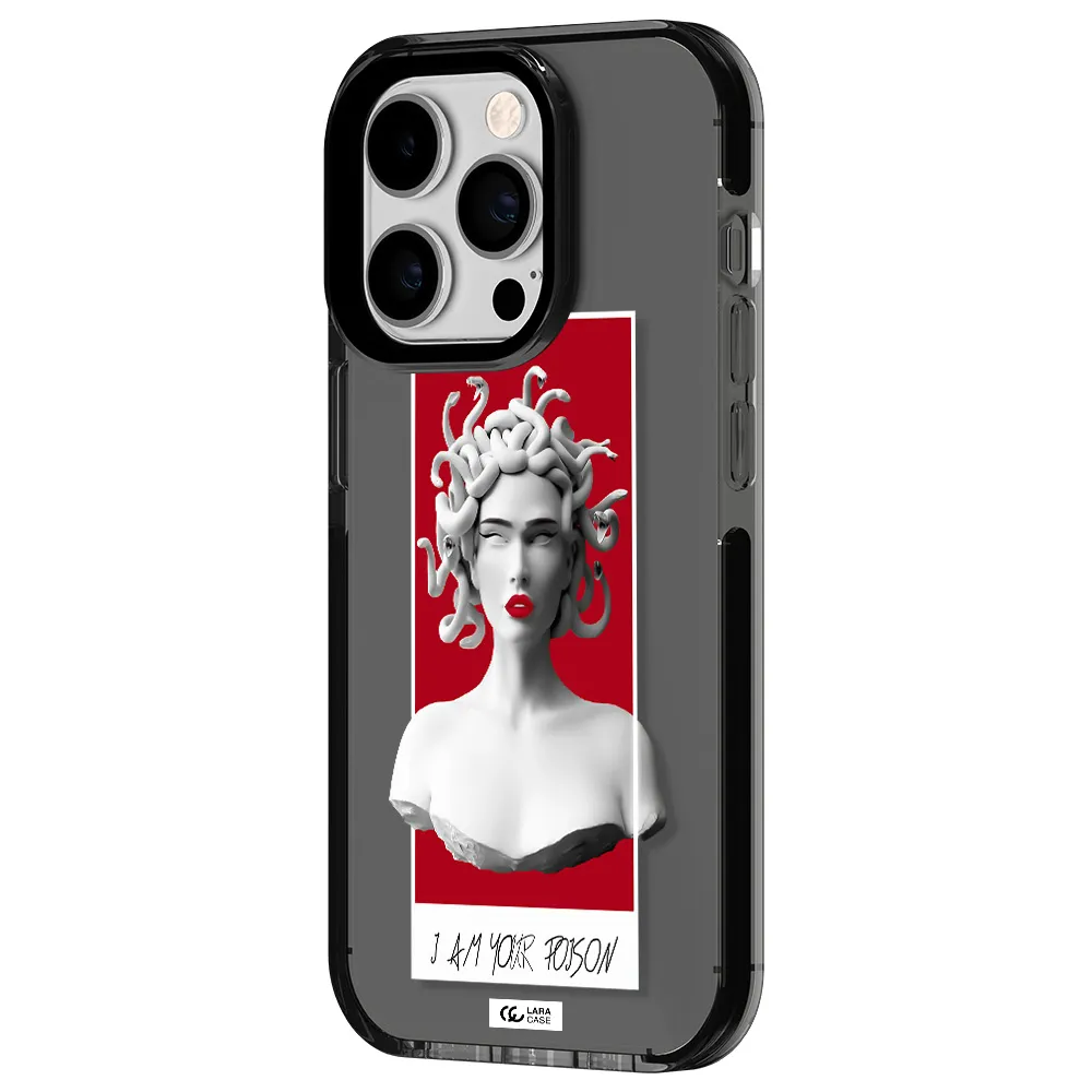 a statue of a woman with snakes on her head Apple iPhone 14 pro impact Smoke Black Case