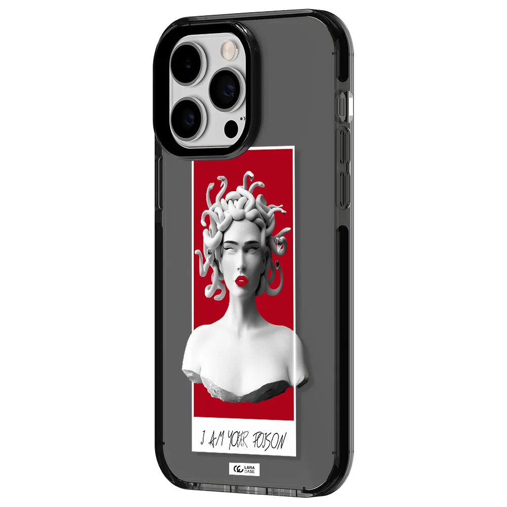 a statue of a woman with snakes on her head Apple iPhone 14 pro max impact Smoke Black Case