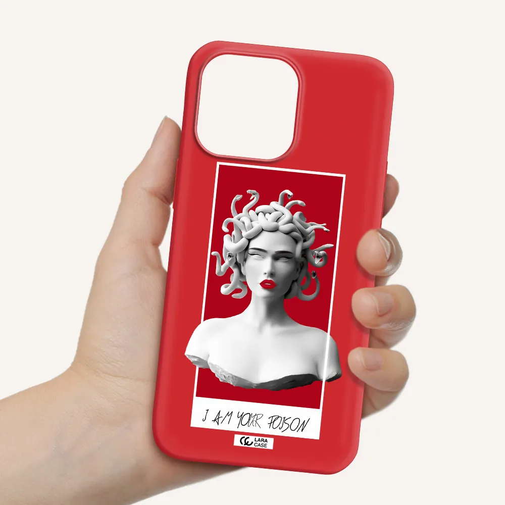 a statue of a woman with snakes on her head Apple iPhone 14 pro max Silicone Imperial Red Case
