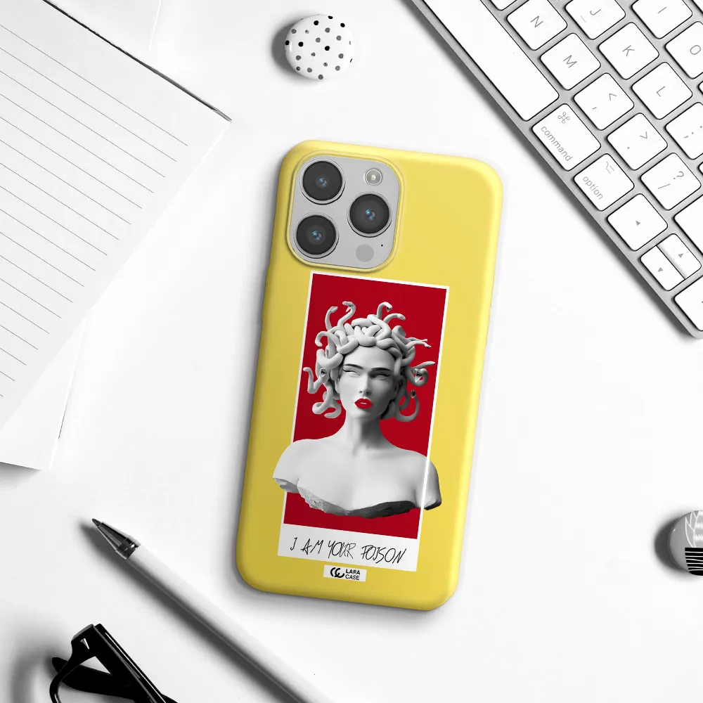 a statue of a woman with snakes on her head Apple iPhone 14 pro Silicone canary yellow Case