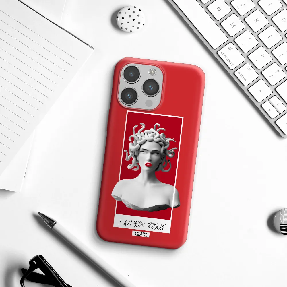 a statue of a woman with snakes on her head Apple iPhone 14 pro Silicone Imperial Red Case