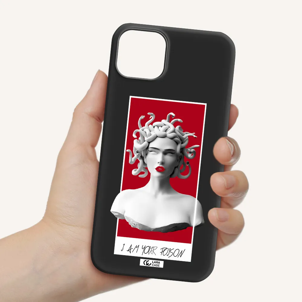 a statue of a woman with snakes on her head Apple iPhone 14 Silicone black Case