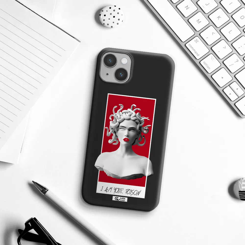 a statue of a woman with snakes on her head Apple iPhone 14 Silicone black Case