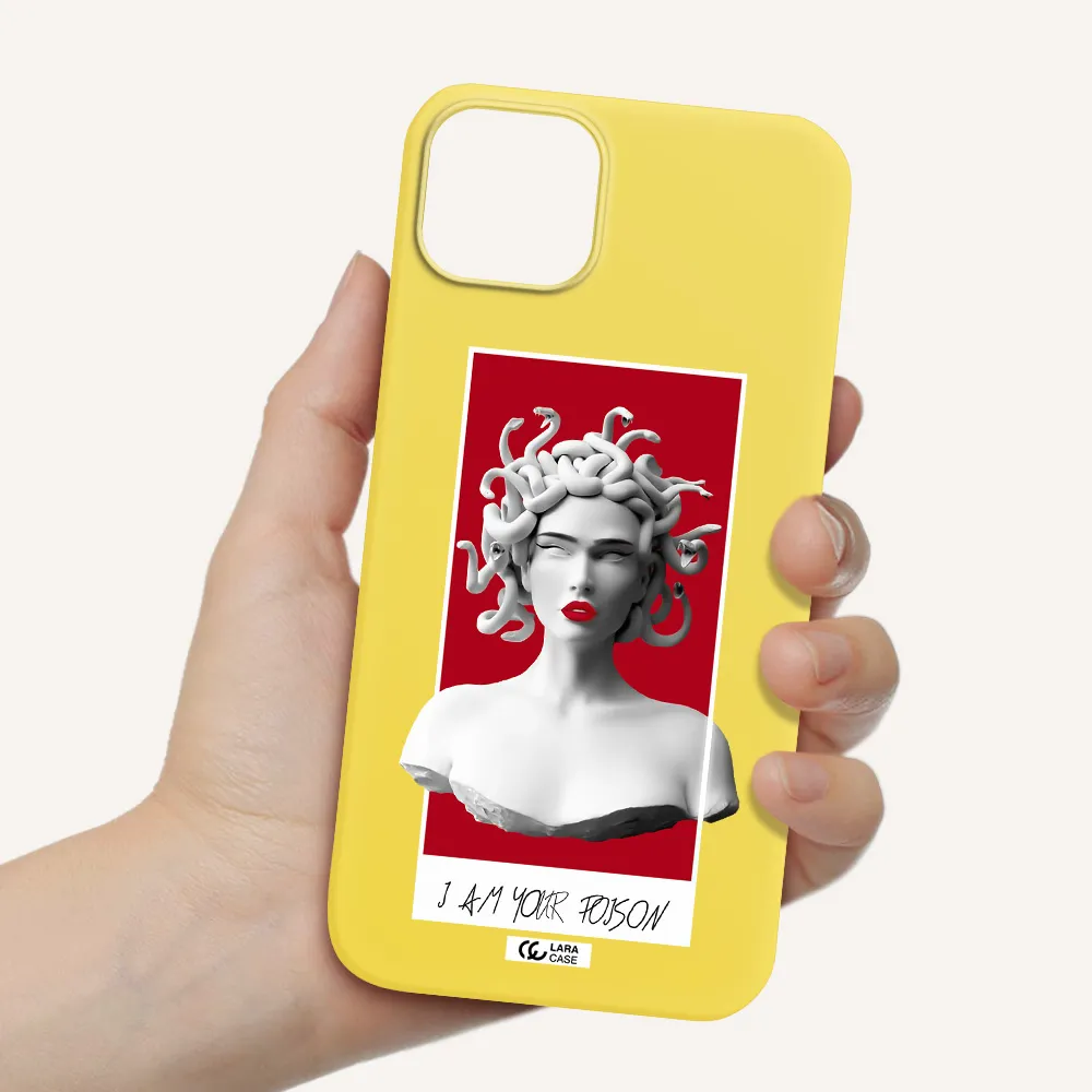 a statue of a woman with snakes on her head Apple iPhone 14 Silicone canary yellow Case