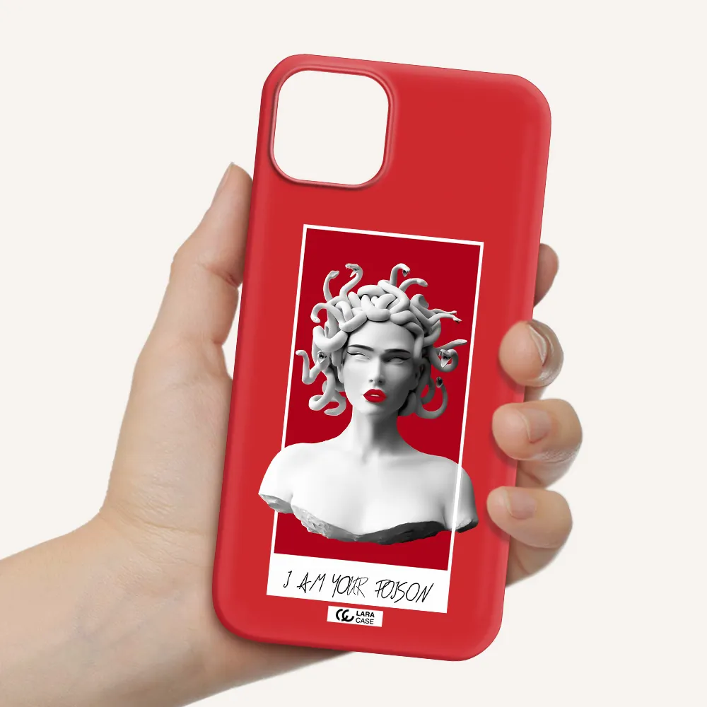 a statue of a woman with snakes on her head Apple iPhone 14 Silicone Imperial Red Case