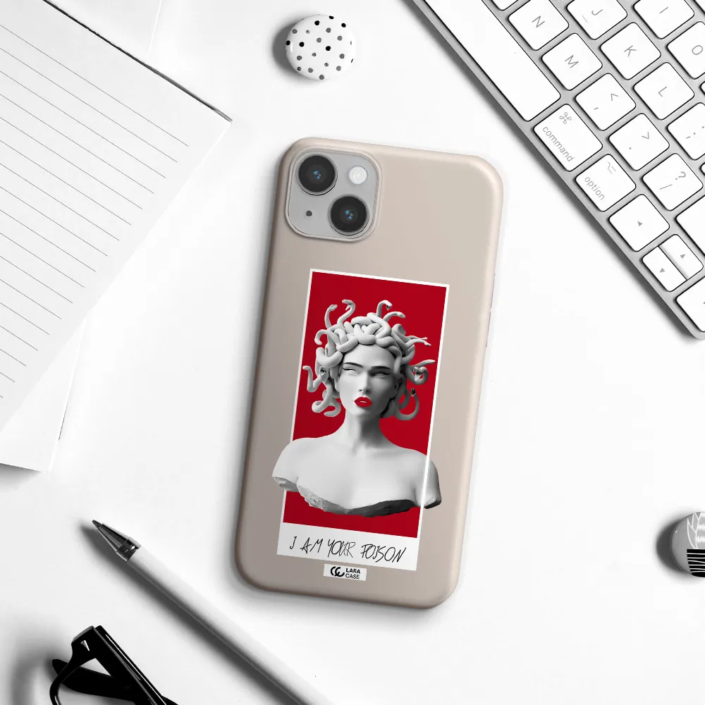 a statue of a woman with snakes on her head Apple iPhone 14 Silicone Stone Case