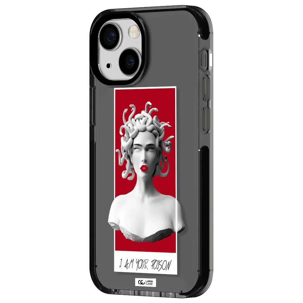 a statue of a woman with snakes on her head Apple iPhone 15 impact Smoke Black Case