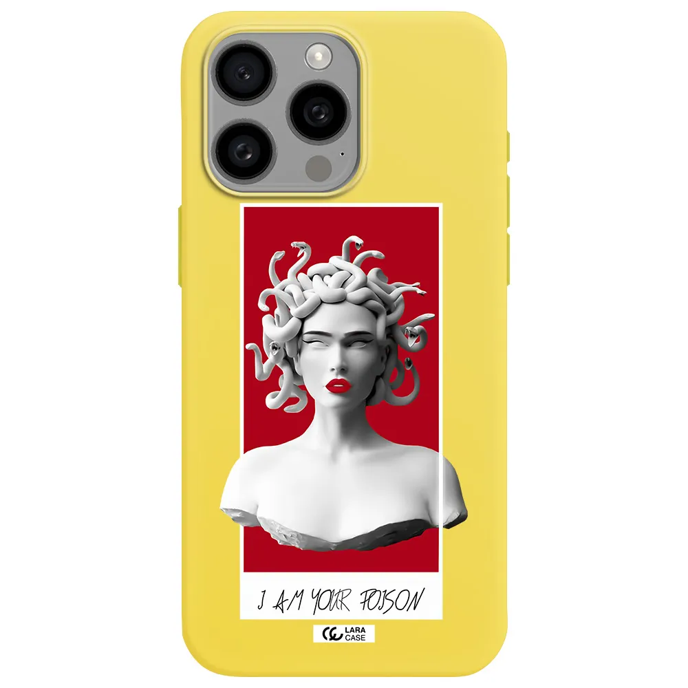 a statue of a woman with snakes on her head Apple Iphone 15 Pro max Silicone canary yellow Case
