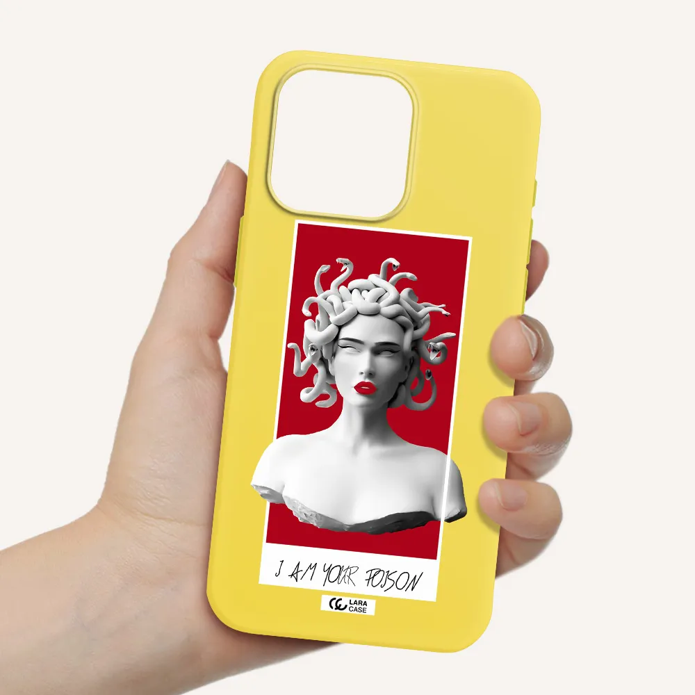 a statue of a woman with snakes on her head Apple Iphone 15 Pro max Silicone canary yellow Case