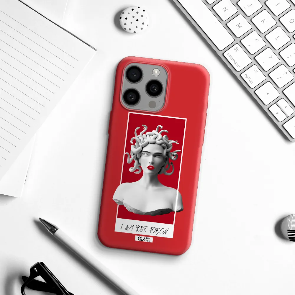 A Statue Of A Woman With Snakes On Her Head Apple Iphone 15 Pro Max Silicone Imperial Red Case