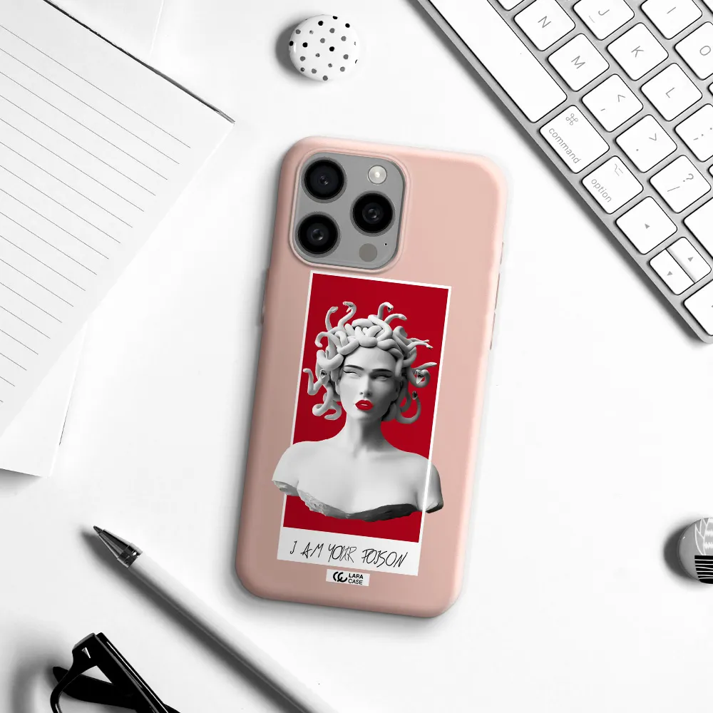 a statue of a woman with snakes on her head Apple Iphone 15 Pro max Silicone pastel pink Case