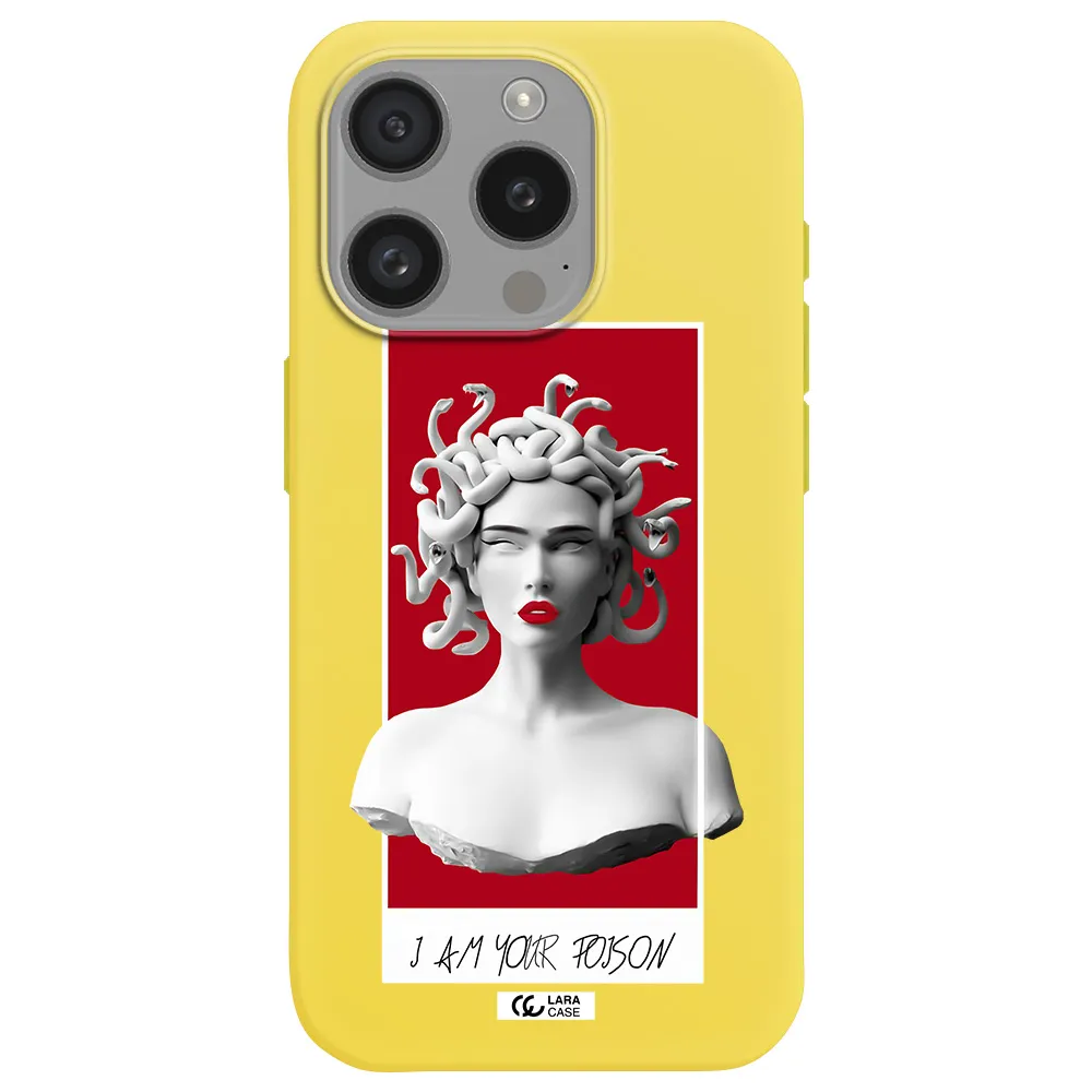 A Statue Of A Woman With Snakes On Her Head Apple Iphone 15 Pro Silicone Canary Yellow Case