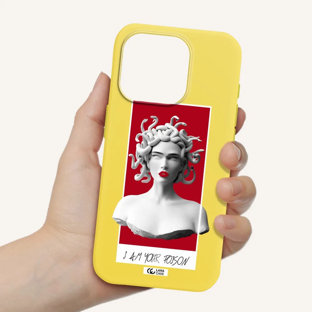 A Statue Of A Woman With Snakes On Her Head Apple Iphone 15 Pro Silicone Canary Yellow Case
