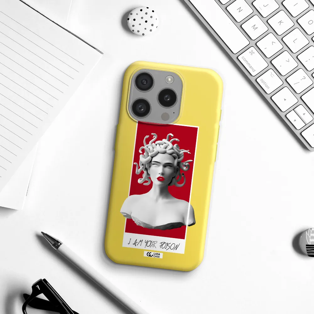 A Statue Of A Woman With Snakes On Her Head Apple Iphone 15 Pro Silicone Canary Yellow Case