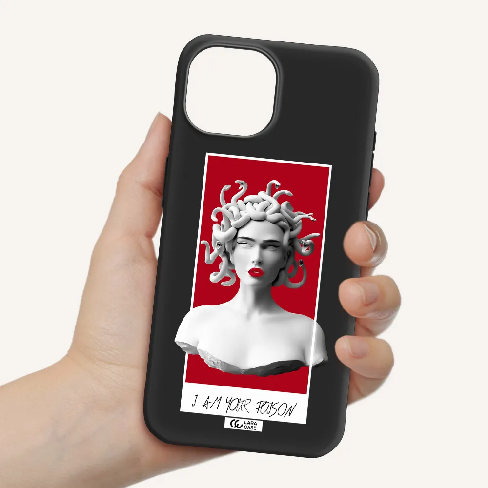 a statue of a woman with snakes on her head Apple iPhone 15 Silicone black Case