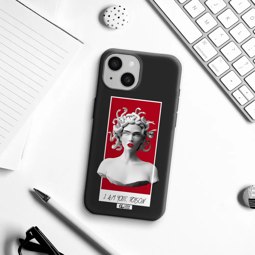 a statue of a woman with snakes on her head Apple iPhone 15 Silicone black Case