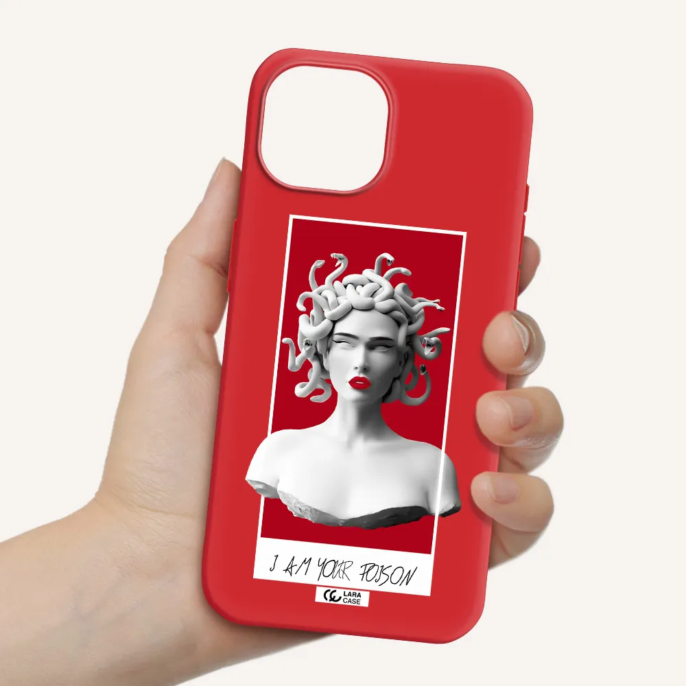 A Statue Of A Woman With Snakes On Her Head Apple Iphone 15 Silicone Imperial Red Case
