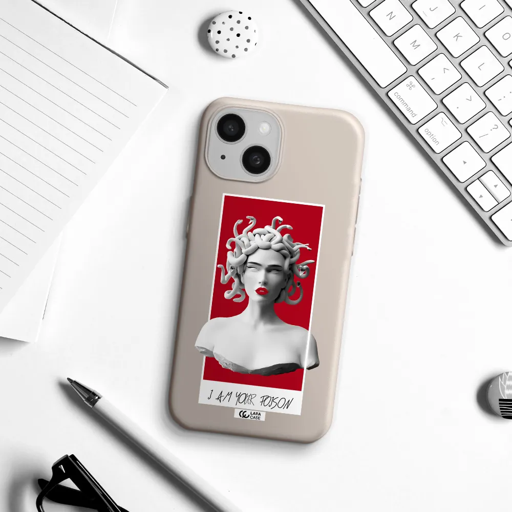 a statue of a woman with snakes on her head Apple iPhone 15 Silicone Stone Case