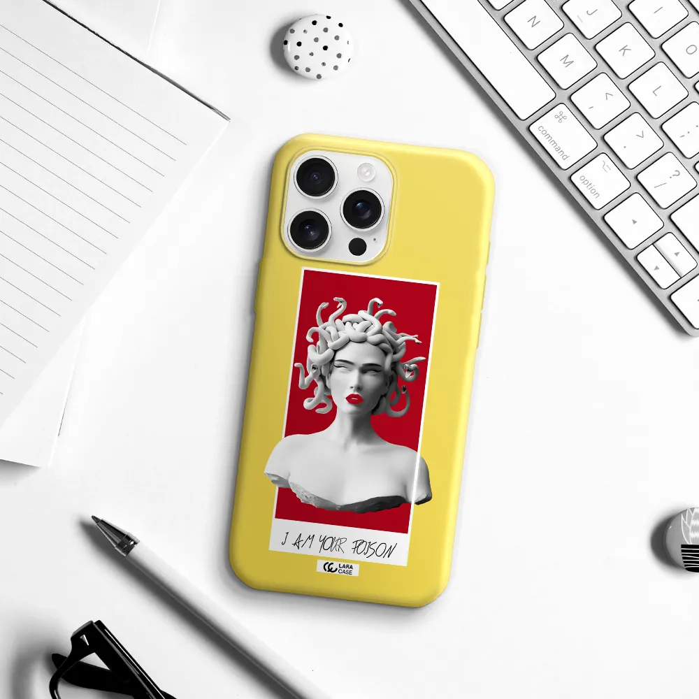 A Statue Of A Woman With Snakes On Her Head Apple Iphone 16 Pro Max Silicone Canary Yellow Case