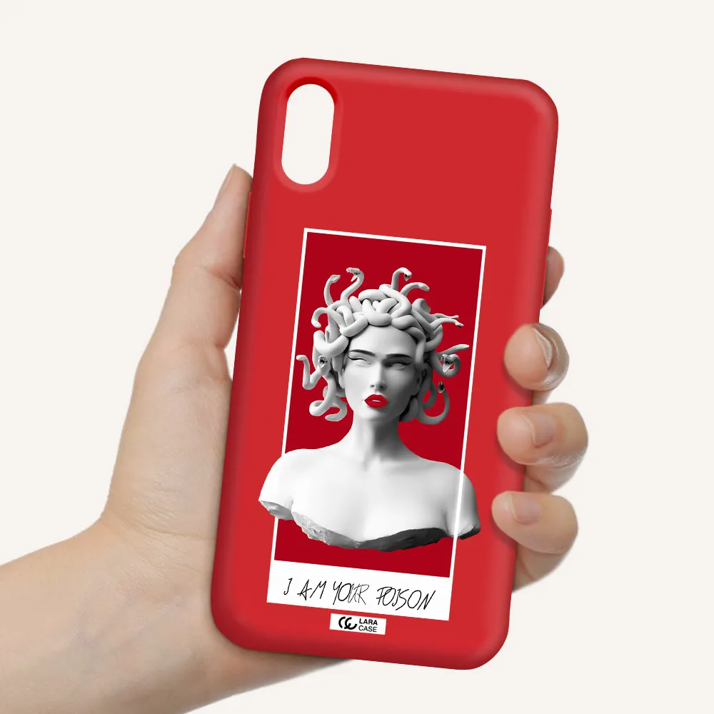 a statue of a woman with snakes on her head Apple iPhone X Silicone Imperial Red Case
