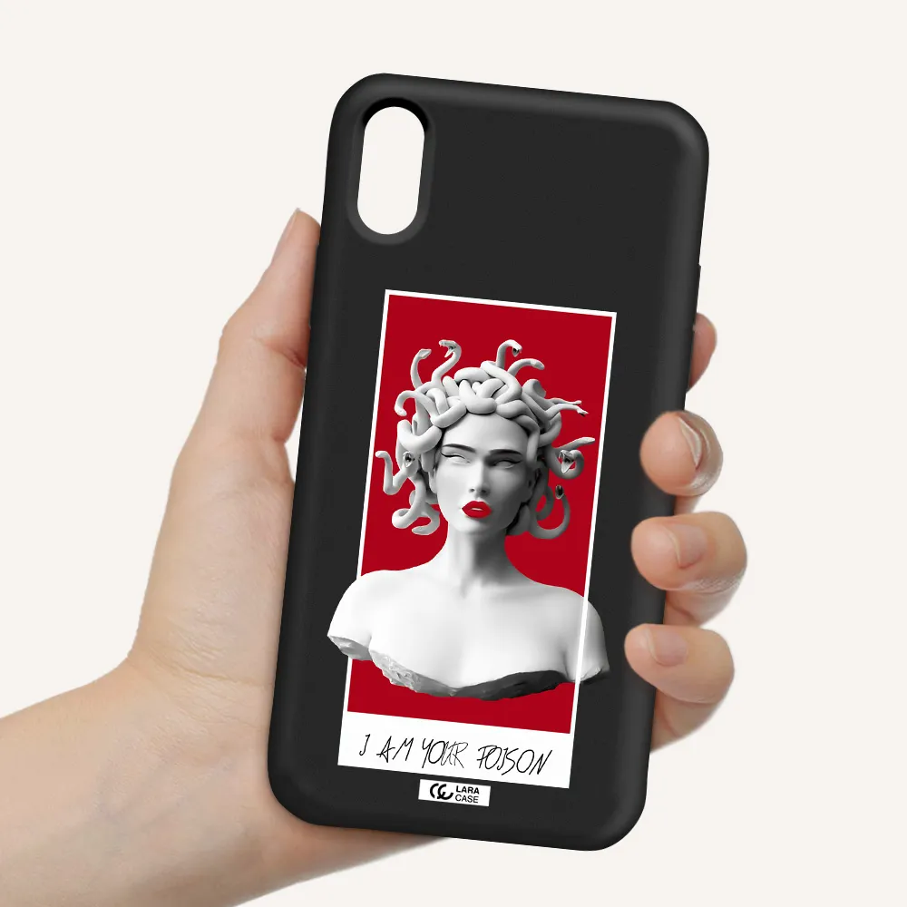 a statue of a woman with snakes on her head Apple iPhone XS Silicone black Case