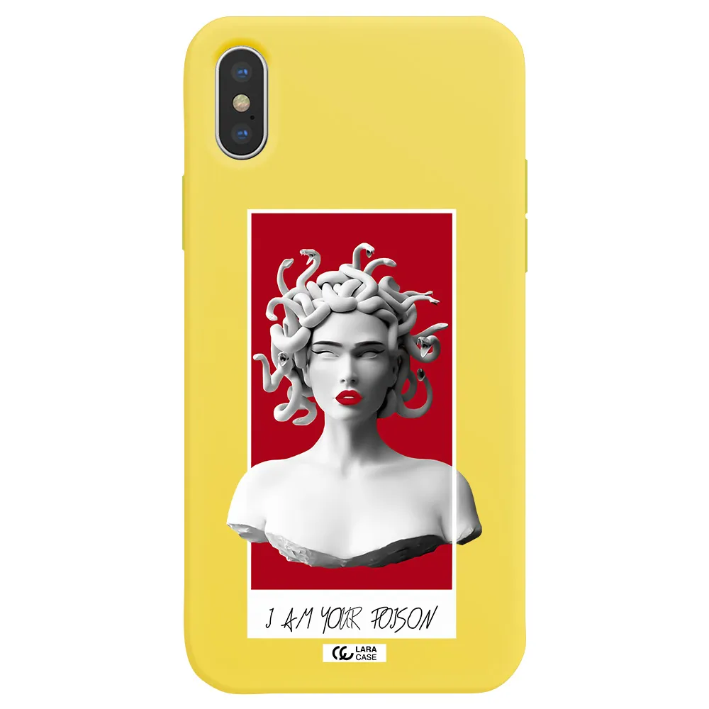 a statue of a woman with snakes on her head Apple iPhone XS Silicone canary yellow Case