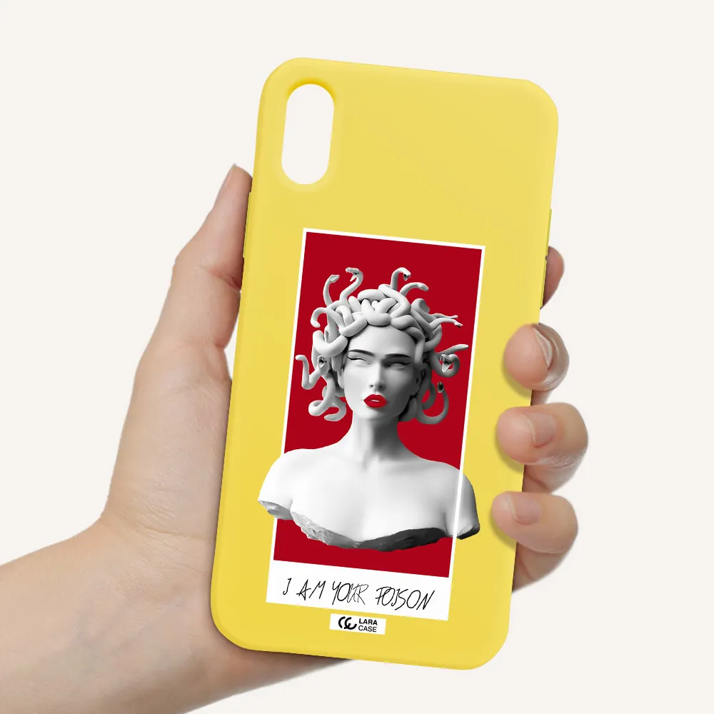 a statue of a woman with snakes on her head Apple iPhone XS Silicone canary yellow Case
