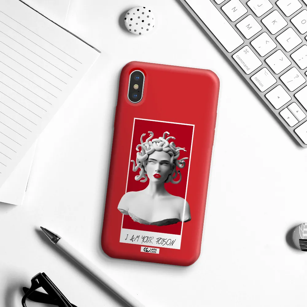a statue of a woman with snakes on her head Apple iPhone XS Silicone Imperial Red Case