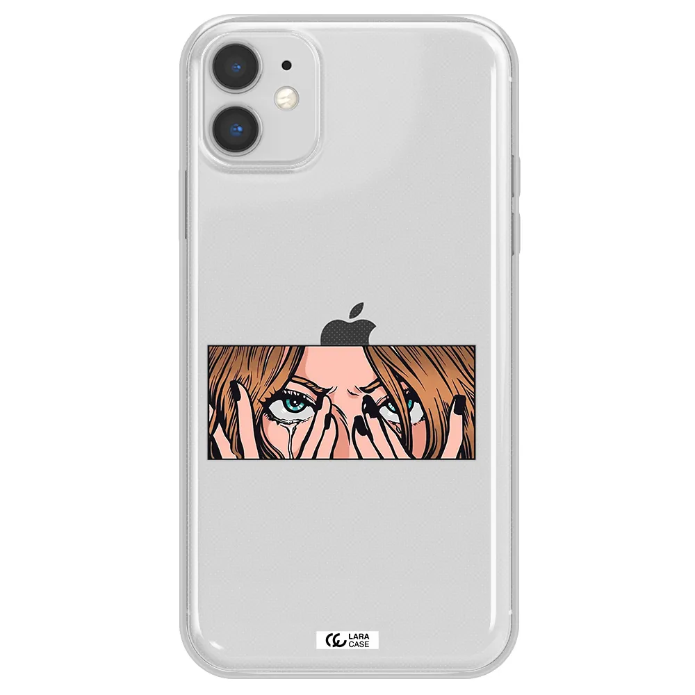 a cartoon of a woman holding her eyes Apple iPhone 11 Clear TPU Case