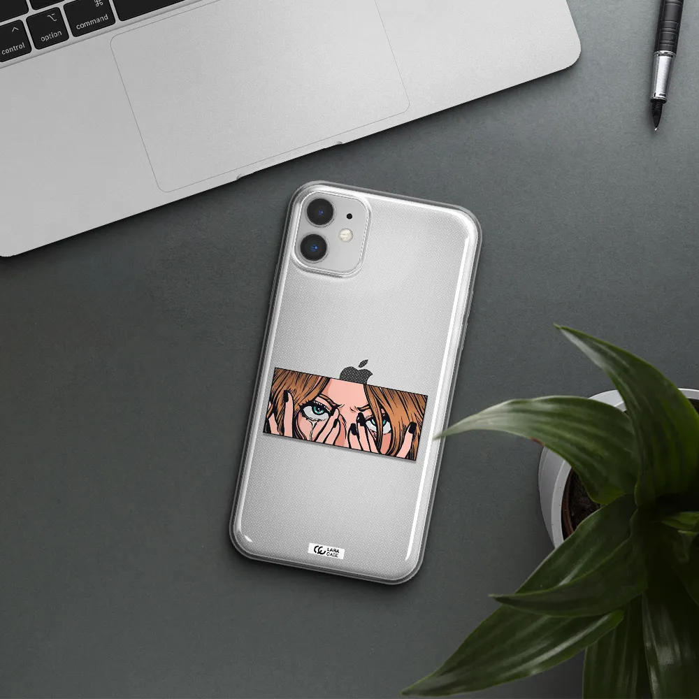 a cartoon of a woman holding her eyes Apple iPhone 11 Clear TPU Case