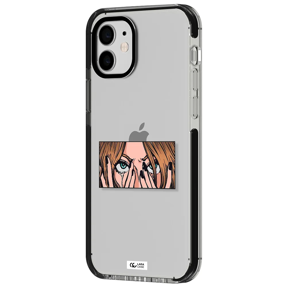 a cartoon of a woman holding her eyes Apple iPhone 11 impact black border Case