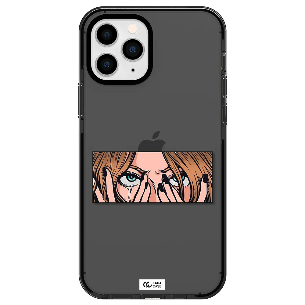 a cartoon of a woman holding her eyes Apple iPhone 11 pro impact Smoke Black Case