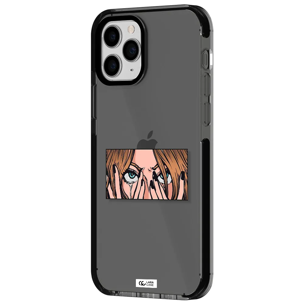 a cartoon of a woman holding her eyes Apple iPhone 11 pro impact Smoke Black Case