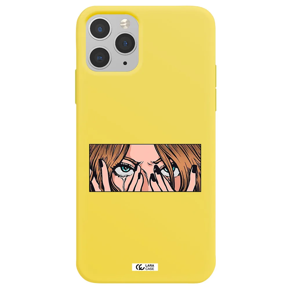a cartoon of a woman holding her eyes Apple iPhone 11 pro max Silicone canary yellow Case