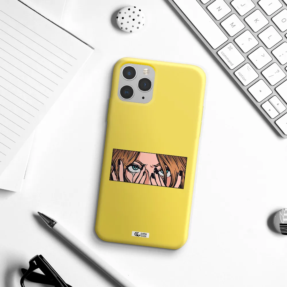 a cartoon of a woman holding her eyes Apple iPhone 11 pro max Silicone canary yellow Case