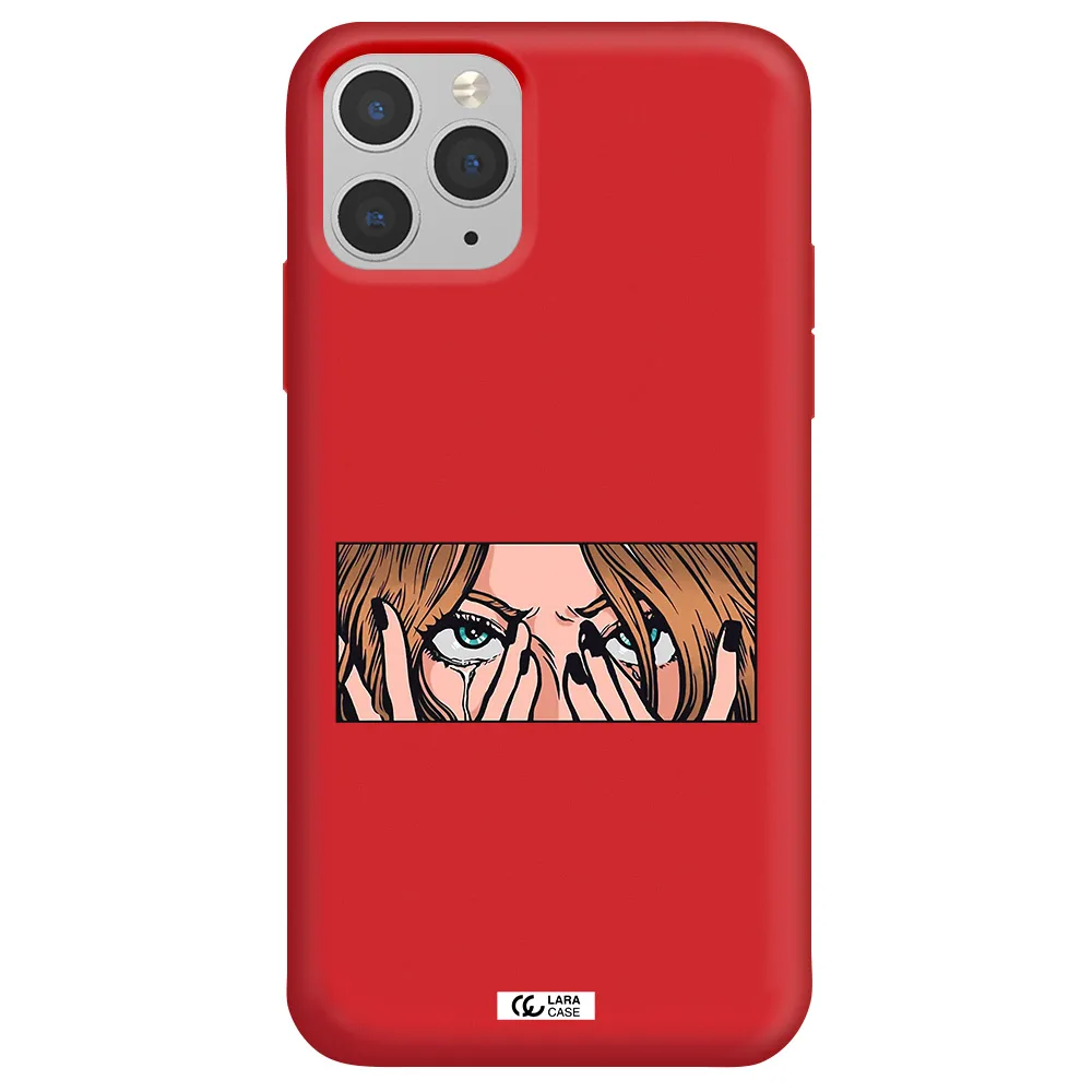 a cartoon of a woman holding her eyes Apple iPhone 11 pro max Silicone Imperial Red Case