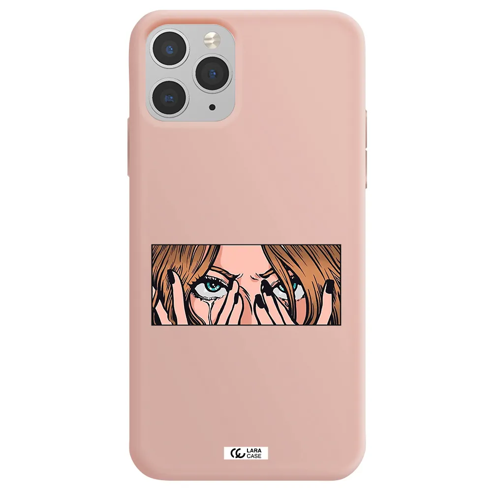 a cartoon of a woman holding her eyes Apple iPhone 11 pro max Silicone pastel pink Case