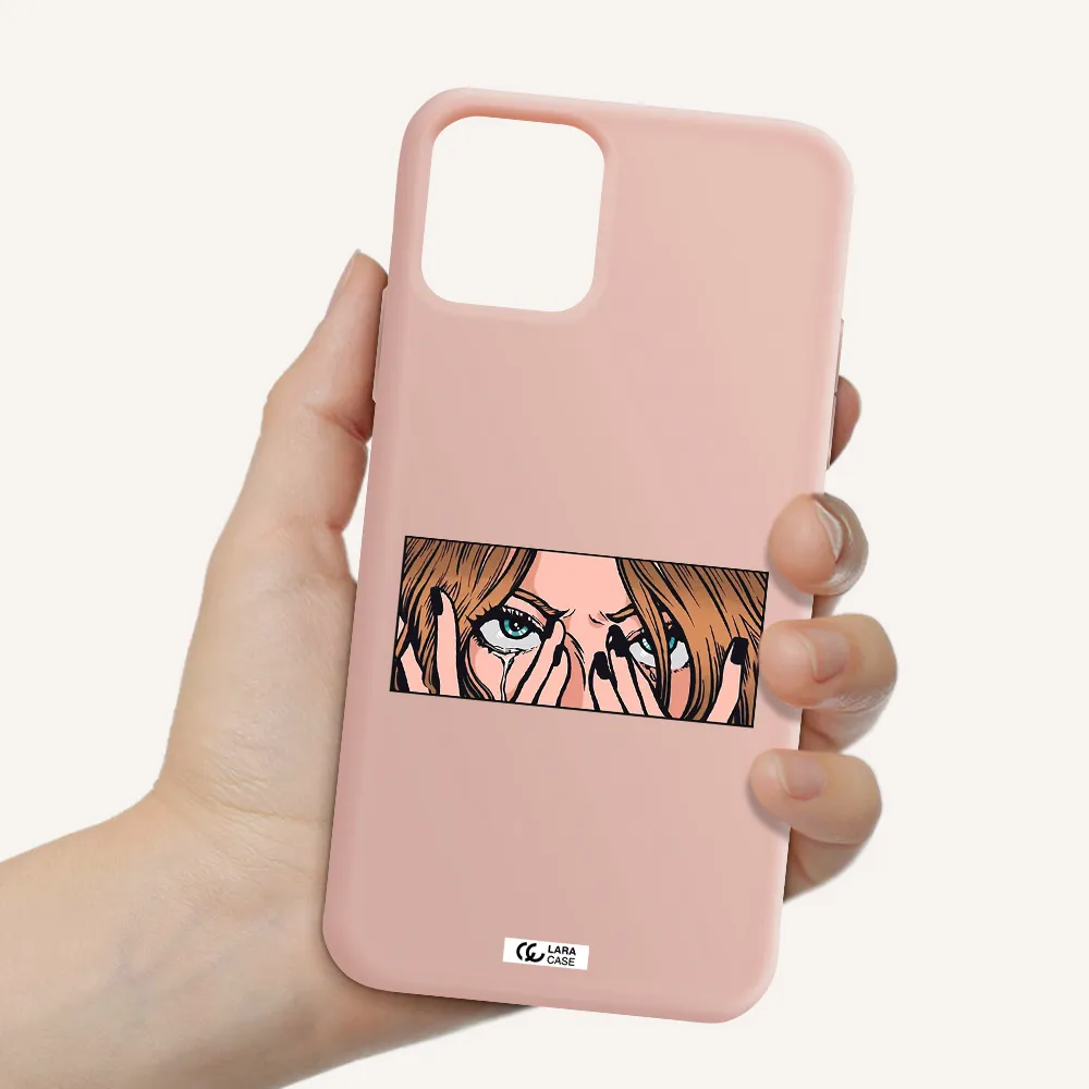 a cartoon of a woman holding her eyes Apple iPhone 11 pro max Silicone pastel pink Case