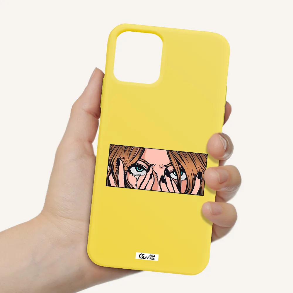 a cartoon of a woman holding her eyes Apple iPhone 11 pro Silicone canary yellow Case