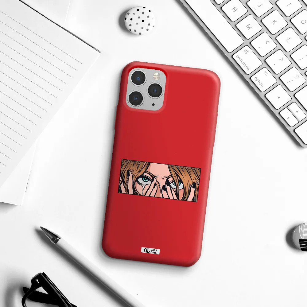 a cartoon of a woman holding her eyes Apple iPhone 11 pro Silicone Imperial Red Case