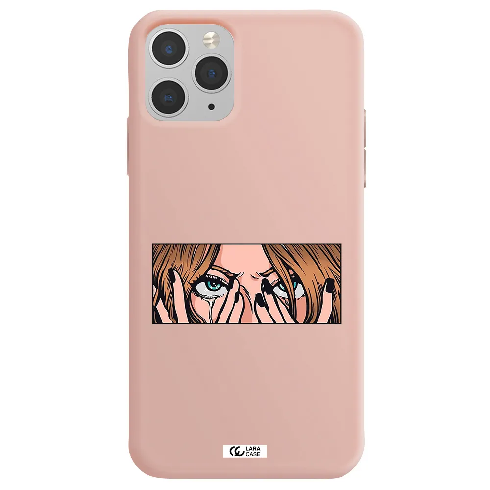 a cartoon of a woman holding her eyes Apple iPhone 11 pro Silicone pastel pink Case