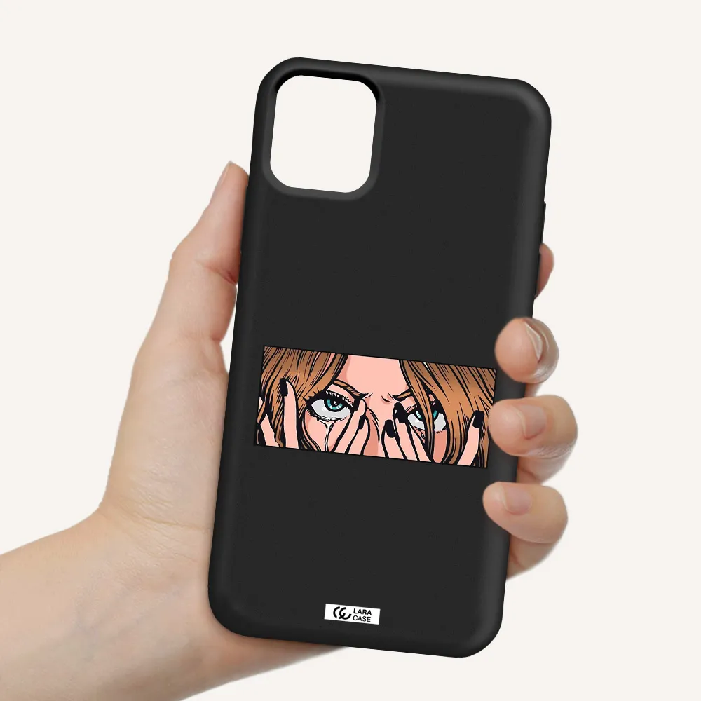 a cartoon of a woman holding her eyes Apple iPhone 11 Silicone black Case